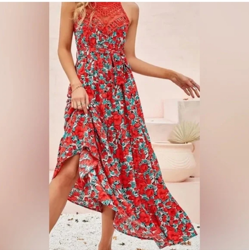 FARORO Sleeveless Long Boho Floral Halter Maxi Dresse Crochet Neck Size XL